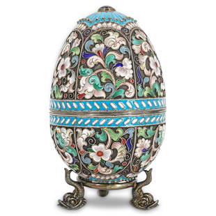 19th Cent. Feodor I. Ruckert Russian Silver Cloisonne: DESCRIPTION: 19th Cent. Russian silver cloisonne egg by Feodor I. Ruckert, features a silver foundation with heavily detailed, scrolling floral and foliate motifs, completed with vibrant polychrome