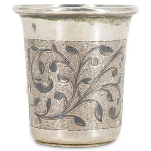 19th Cent. Russian Silver Niello Beaker: DESCRIPTION: 19th Century Russian silver beaker with engraved niello leafy vine decoration against a heavily textured surface. Hallmarked: "B.C." over date "84" "A.A." City Mark: (St George Slaying Th