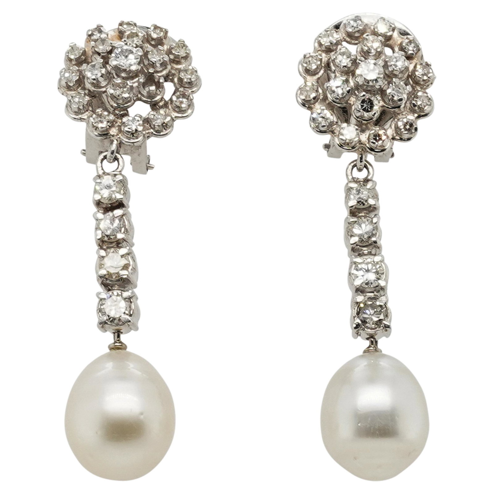 Pair of Platinum Diamond and Pearl Drop Earrings (1 of 4)