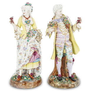 Pair Of Large Antique Meissen Porcelain Figurines: DESCRIPTION: (2 Pc) A Pair of antique Meissen porcelain large figurines, depicting a female and male standing figures dressed in eighteenth century fashions, in white porcelain. Further embellished wi