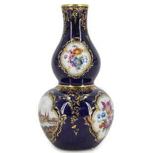 Antique Meissen Porcelain Double Gourd Vase: DESCRIPTION: Antique Meissen porcelain vase with double gourd form, hand painted with Dresden cityscape, vibrant floral bouquets, and finished with ornate gilt scrolling designs. Marked with