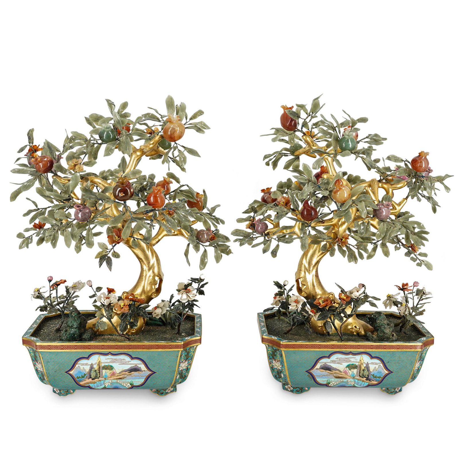 Pair of Chinese Jade & Agate Trees in Cloisonne (1 of 11)