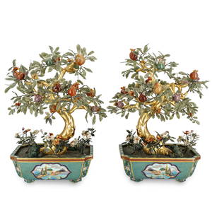 Pair of Chinese Jade & Agate Trees in Cloisonne