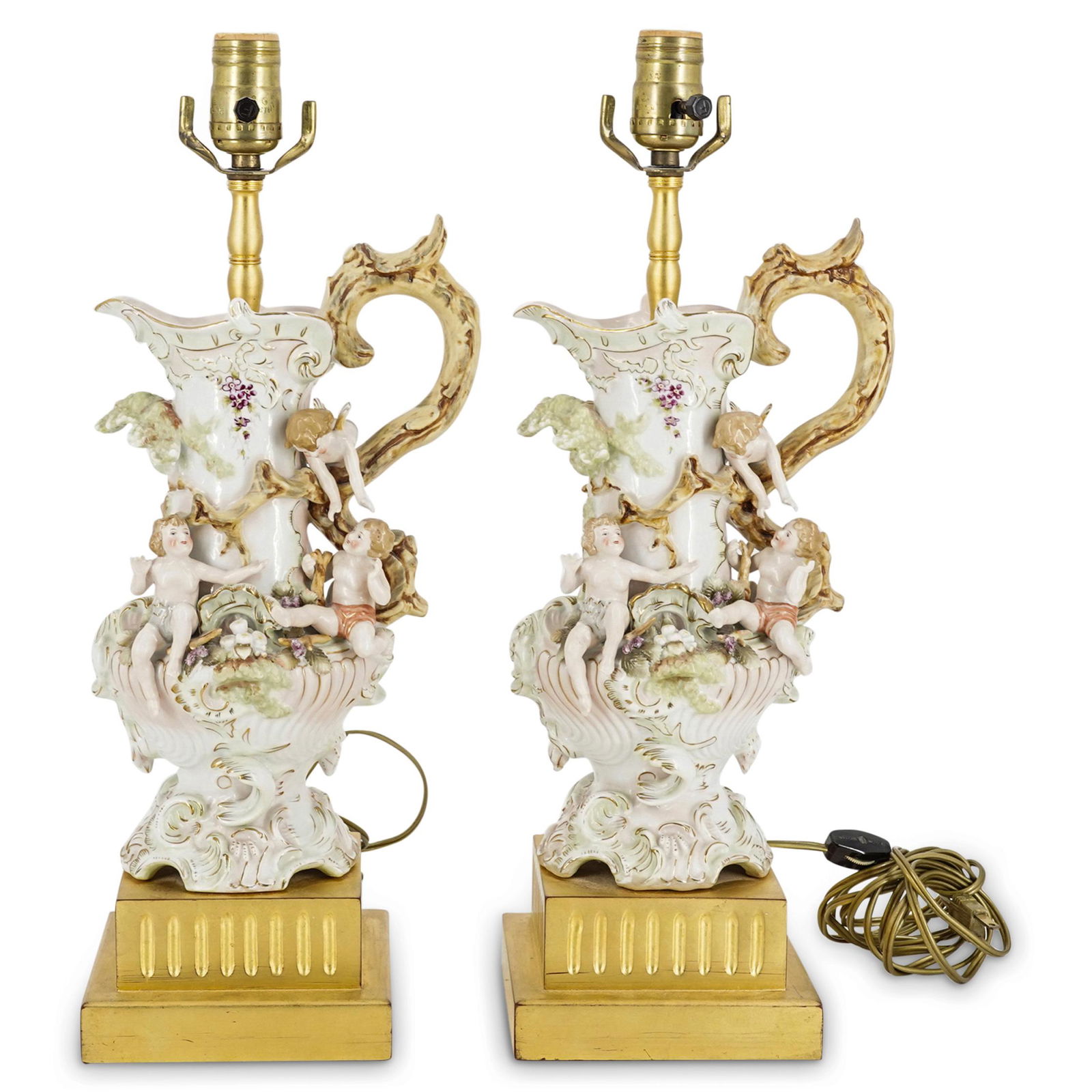 (2 Pc) German Porcelain Cherub Ewer Lamps (1 of 8)
