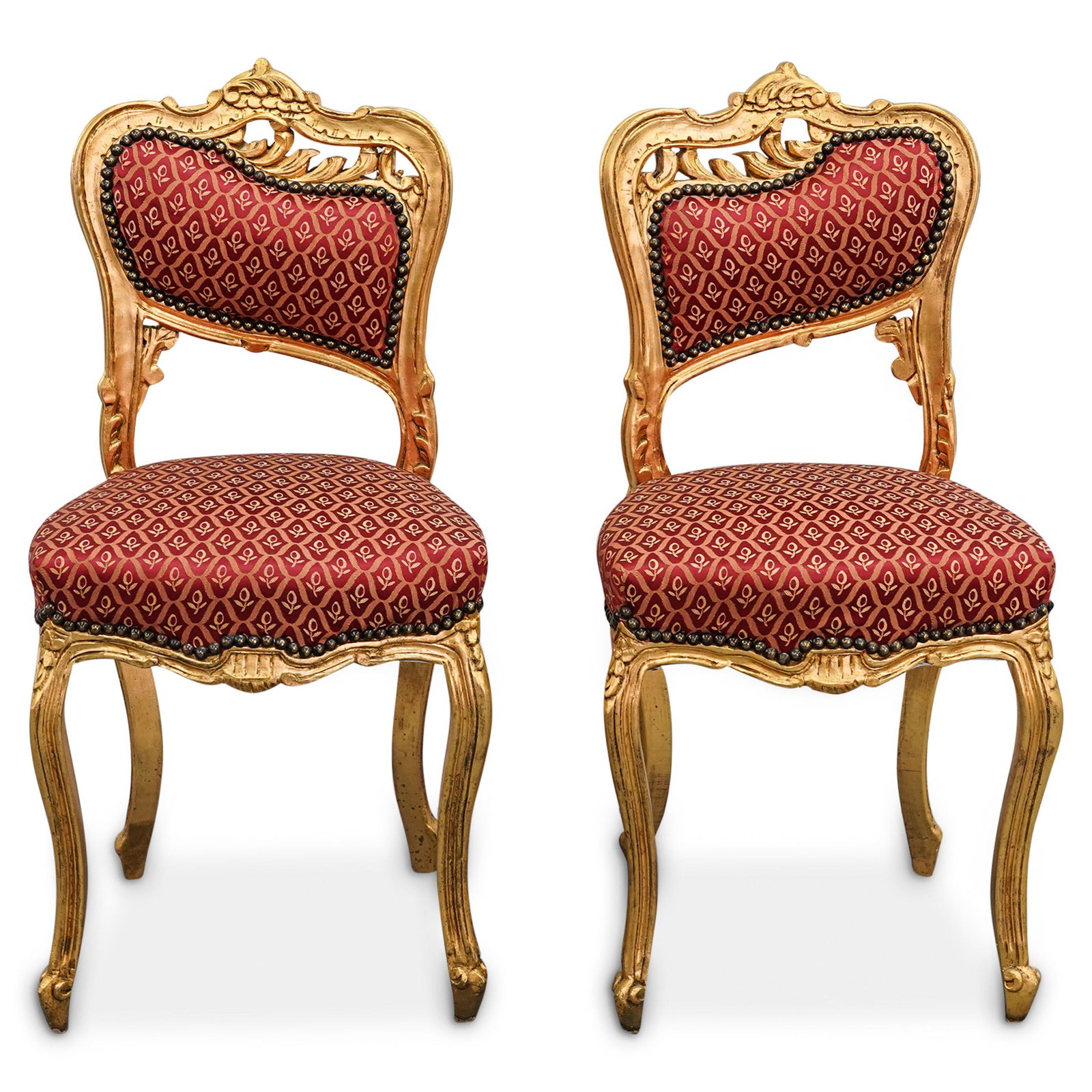 (2 Pc) Louis-XVI-Style Gilt Wooden Side Chairs: DESCRIPTION: Pair of Louis-XVI-style side chairs with gilt wooden frames in organic shapes embellished with foliage designs and decorated with red upholstery with gilt floral and geometric patterns. C