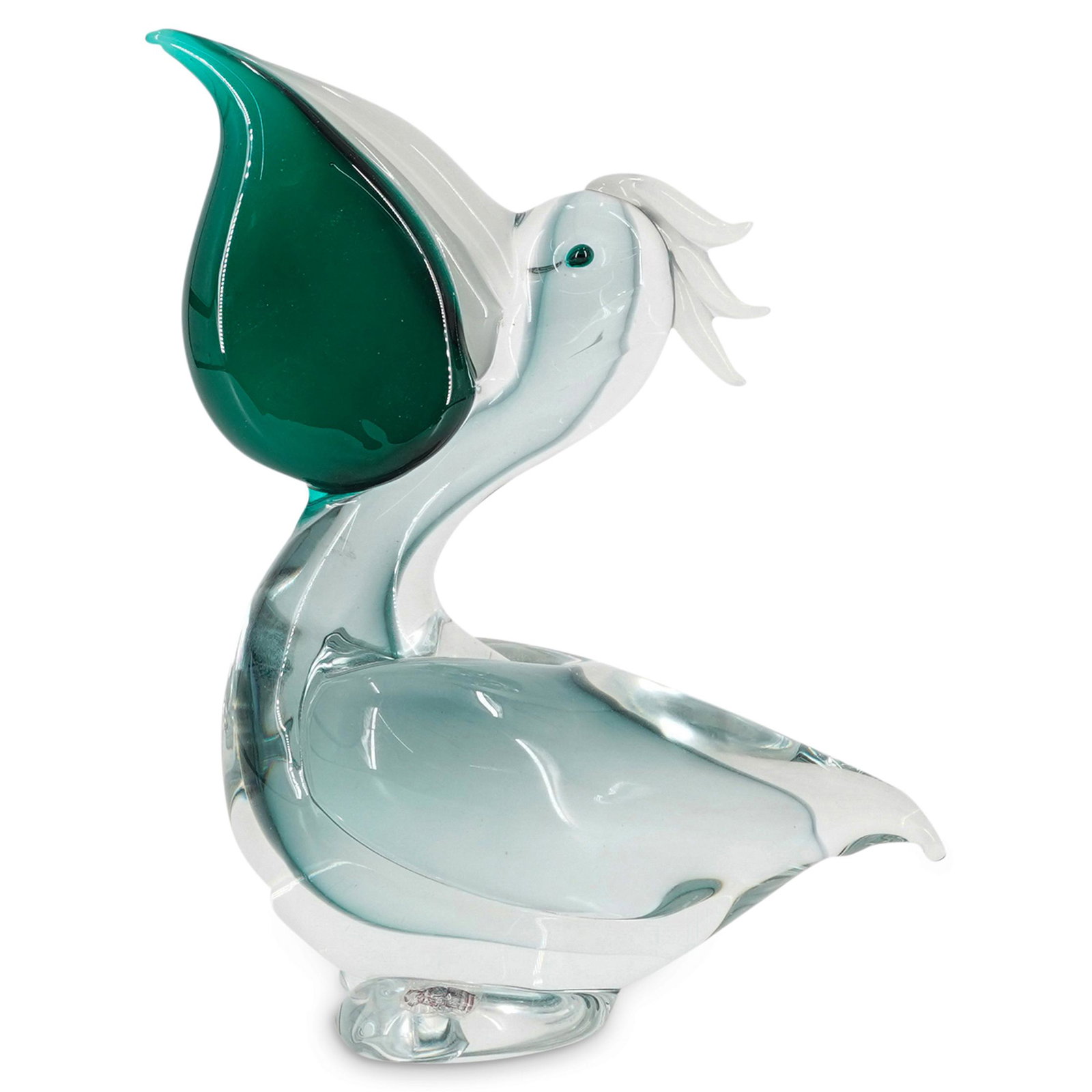 Oggetti Murano Glass Pelican: DESCRIPTION: Clear glass Oggetti Murano pelican with green throat pouch and eyes and a white bill and crest. Marked on underside: "OGGETTI ITALY". Sticker on side: "OGGETTI". CIRCA: 20th Century ORIGI