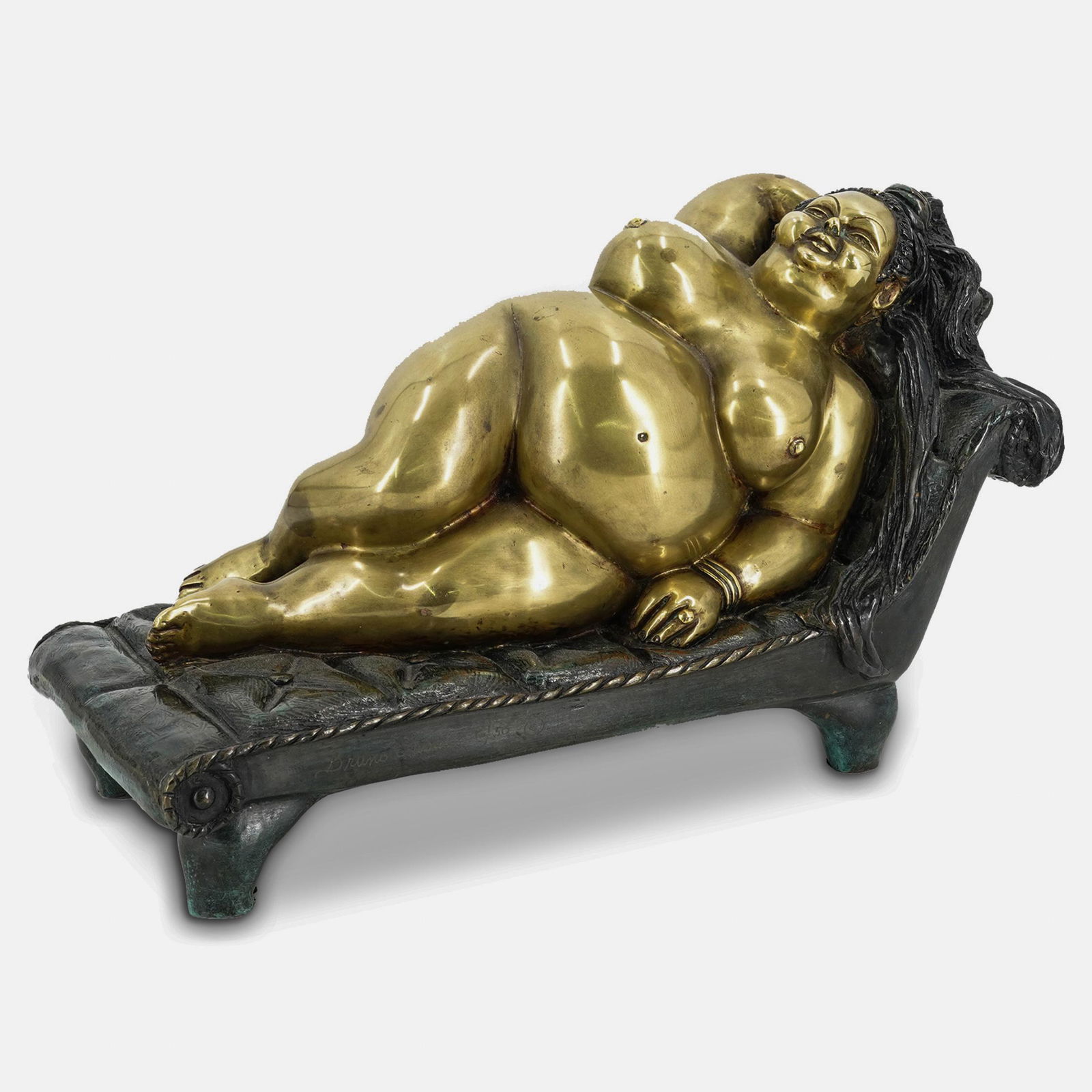 Bruno Luna (b. 1963) Reclining Nude Bronze Sculpture: DESCRIPTION: Polychrome bronze sculpture by Bruno Luna of a woman reclining on a lounge chair. Signed on side of chair "Bruno Luna" and numbered "15/50". CIRCA: 20th Century ORIGIN: Mexico DIMENSIONS: