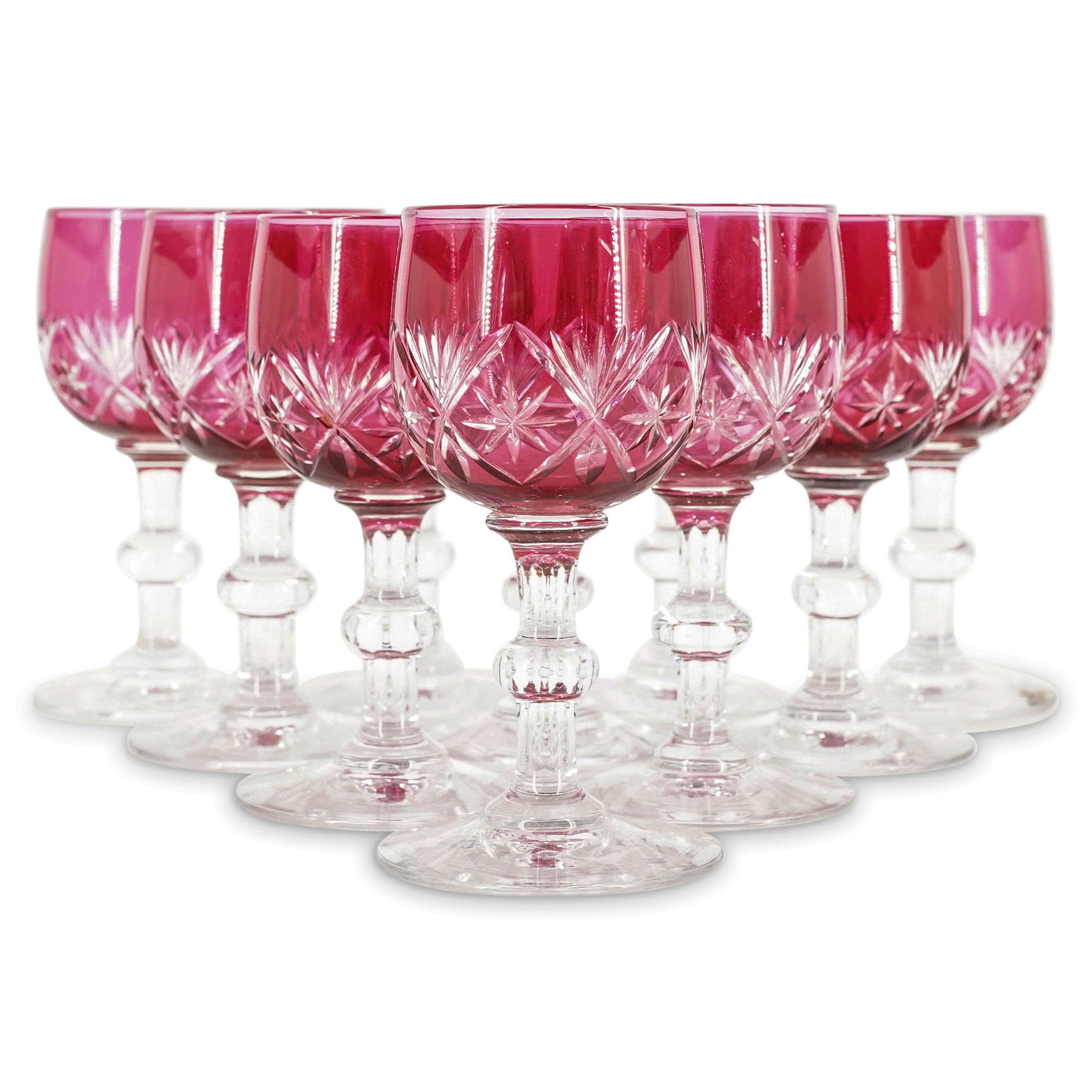 (12 Pc) Cranberry Glass Cut To Clear Liquor Cups (1 of 6)