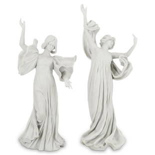 (2 Pc) French Art Nouveau Bisque Porcelain Sculptures: DESCRIPTION: (2 Pc) A Pair of French Art Nouveau bisque porcelain sculptures in the style of french sculptor Agathon Leonard. This set includes a maiden figure in a dance move with a large floating sc