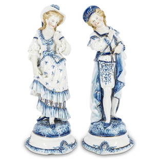 (2 Pc) Pair Of Antique "Ernst Bohne & Sohne" Figurines: DESCRIPTION: (2 Pc) A pair of antique german "Ernst Bohne and Sohne" blue & white glazed porcelain male and female figurines. Marked with the "Ernst Bohne and Sohne" blue anchor hallmark, and