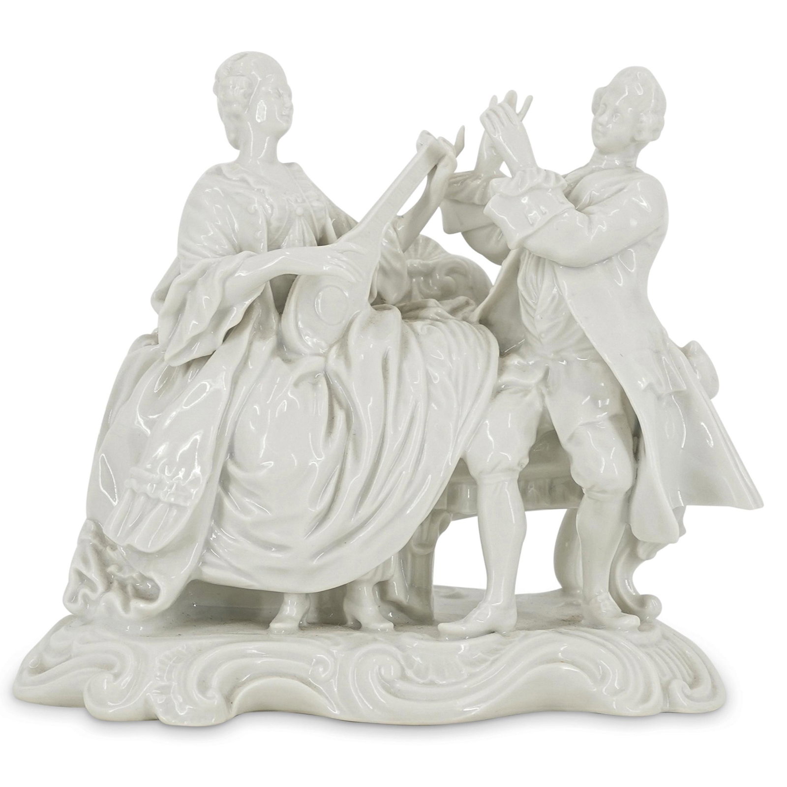 Capodimonte Glazed Porcelain Group Figurine: DESCRIPTION: A Capodimonte glazed porcelain group figurine, depicting a musical ensemble with an amorous couple dressed in eighteenth century fashions. This is a white glazed porcelain figurine, with 