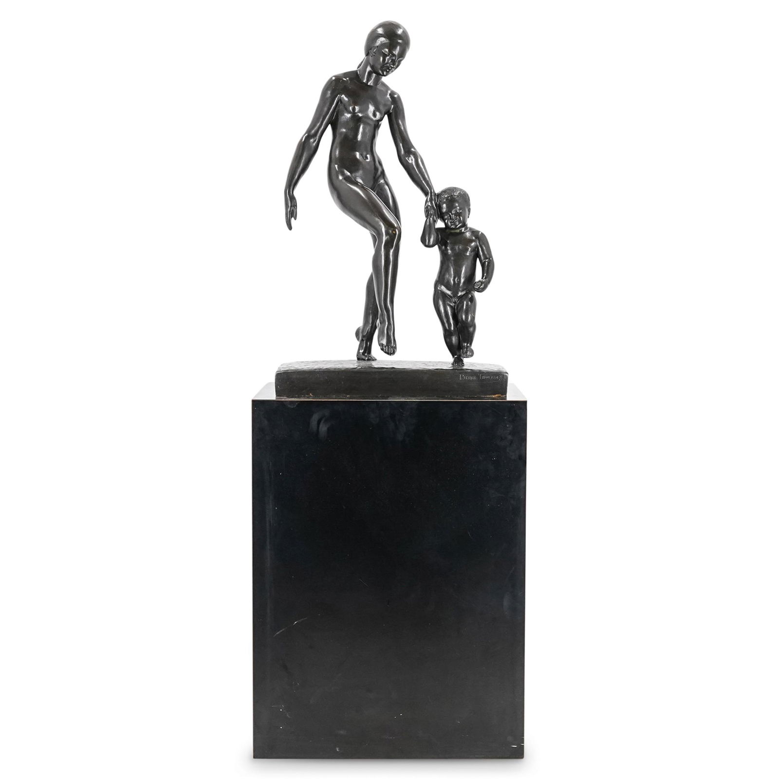 Pierre Traverse (French, 1892) Bronze Sculpture: DESCRIPTION: (2 Pc) A Pierre Traverse (French, 1892-1979) bronze sculpture depicting a nude female figure with a cherub boy. Signed "Pierre Traverse" and with the "F. Barbedienne Fondeur Paris" foundr