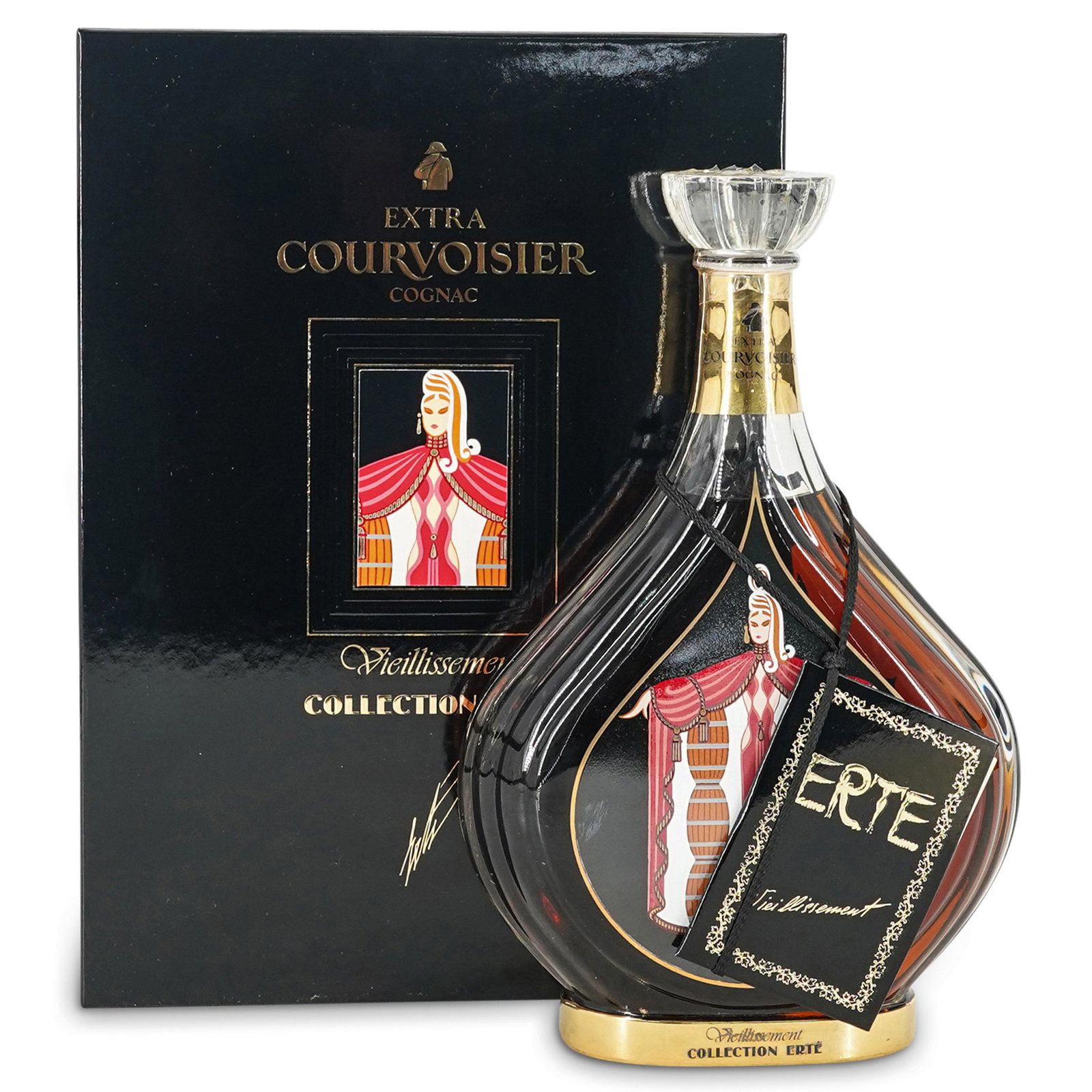 ERTE "VIEILLISSEMENT" Courvoisier Cognac NO. 4: DESCRIPTION: Romain 'Erte' de Tirtoff "Vieillissement" Courvoisier Cognac No. 4 Sealed in original box with packaging. CIRCA: 20th Cent. ORIGIN: France DIMENSIONS: Box: H: 11.5" x W: 3.5" x L: 8.5" (B