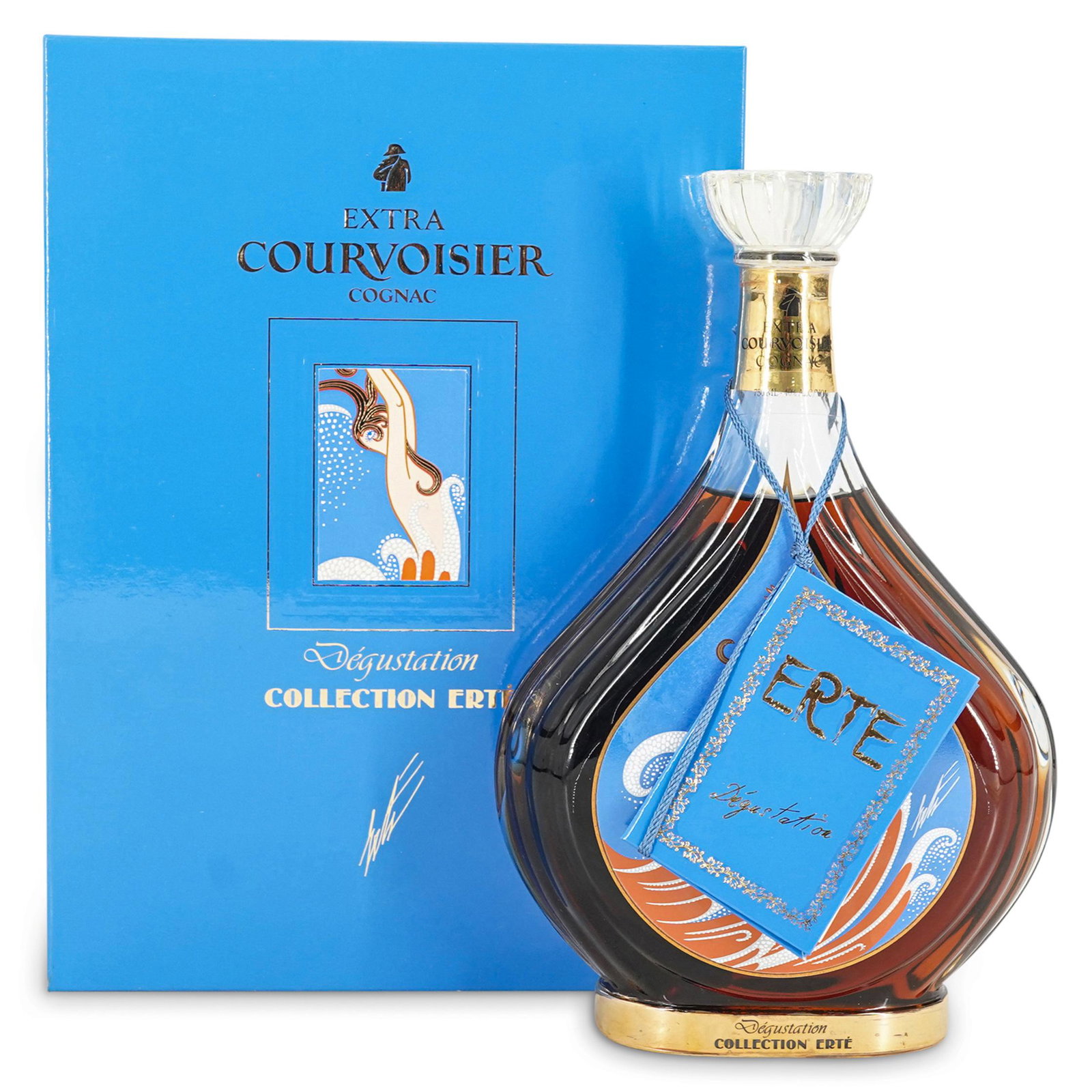 ERTE "DEGUSTATION" Courvoisier Cognac NO. 5: DESCRIPTION: Romain 'Erte' de Tirtoff "Degustation" Courvoisier Cognac No. 5. Sealed in original box with packaging. CIRCA: 1992 ORIGIN: France DIMENSIONS: Box: H: 11.5" x W: 3.5" x L: 8.5" (Bottle) H