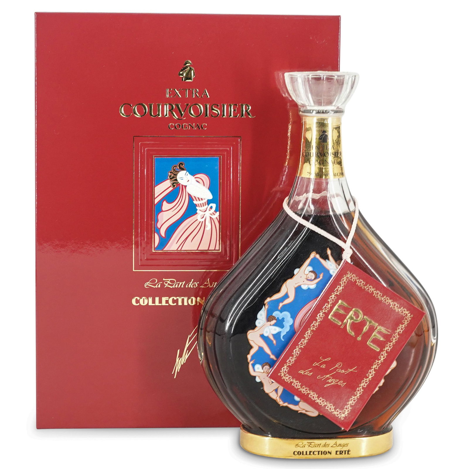 ERTE "PART DES ANGES" Courvoisier Cognac NO. 7: DESCRIPTION: Romain 'Erte' de Tirtoff "Part des Anges" Courvoisier Cognac No. 7 Sealed in original box and packaging. CIRCA: 1994 ORIGIN: France DIMENSIONS: Box: H: 11.5" x W: 3.5" x L: 8.5" (Bottle) 