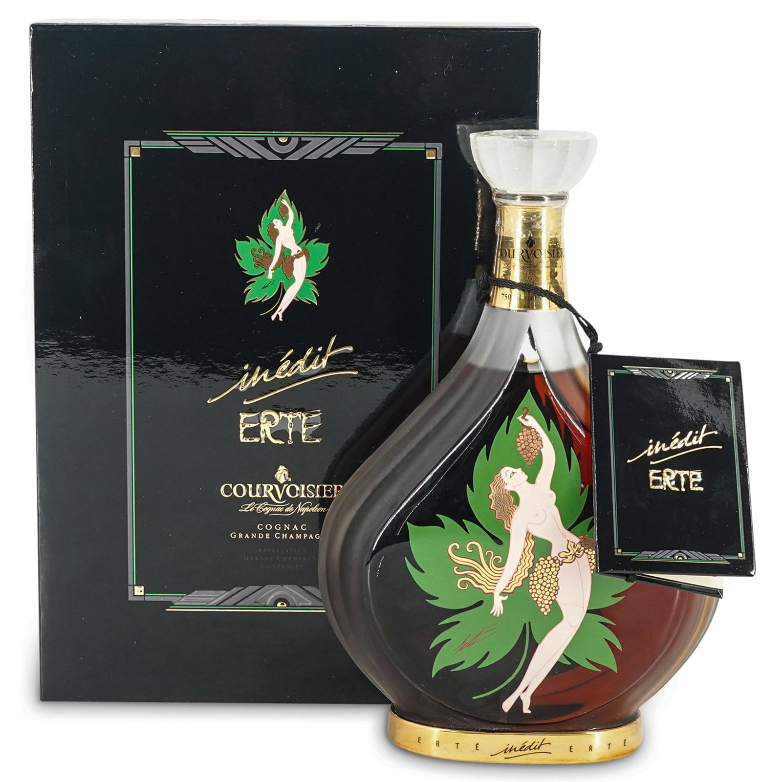 ERTE "INEDIT" Courvoisier Cognac NO. 8: DESCRIPTION: Romain 'Erte' de Tirtoff "Inedit" Courvoisier Cognac No. 8 Sealed in original box and packaging. CIRCA: 20th Cent. ORIGIN: France DIMENSIONS: Box: H: 11.5" x W: 3.5" x L: 8.5" (Bottle) H: