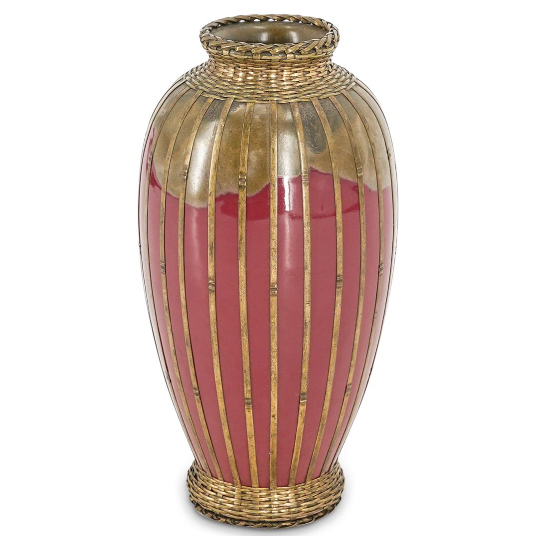 Japanese Ceramic Vase With Woven Bronze Overlay (1 of 4)