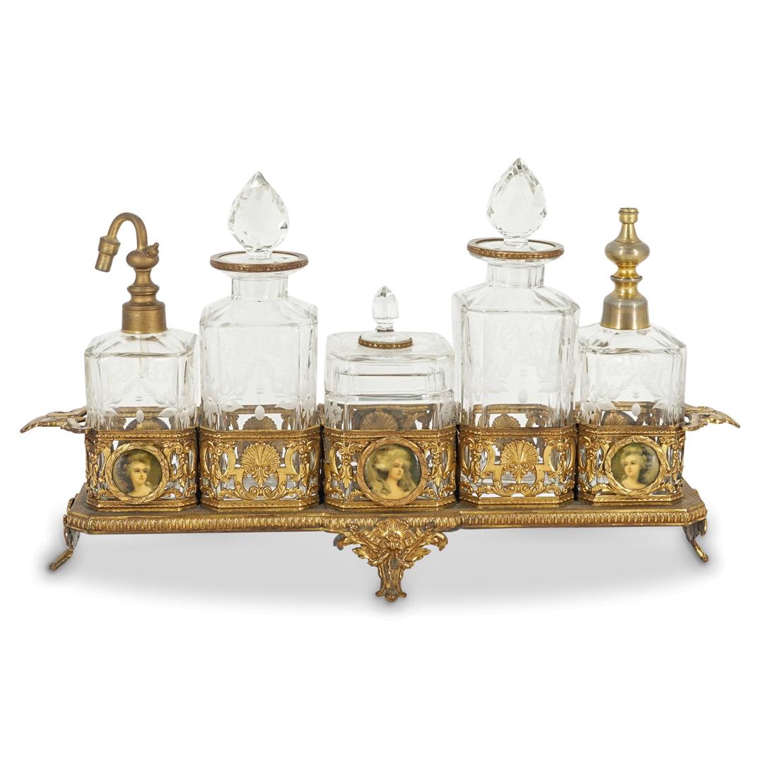 (6 Pc) Antique French Gilt Bronze & Glass Vanity Set. (1 of 13)