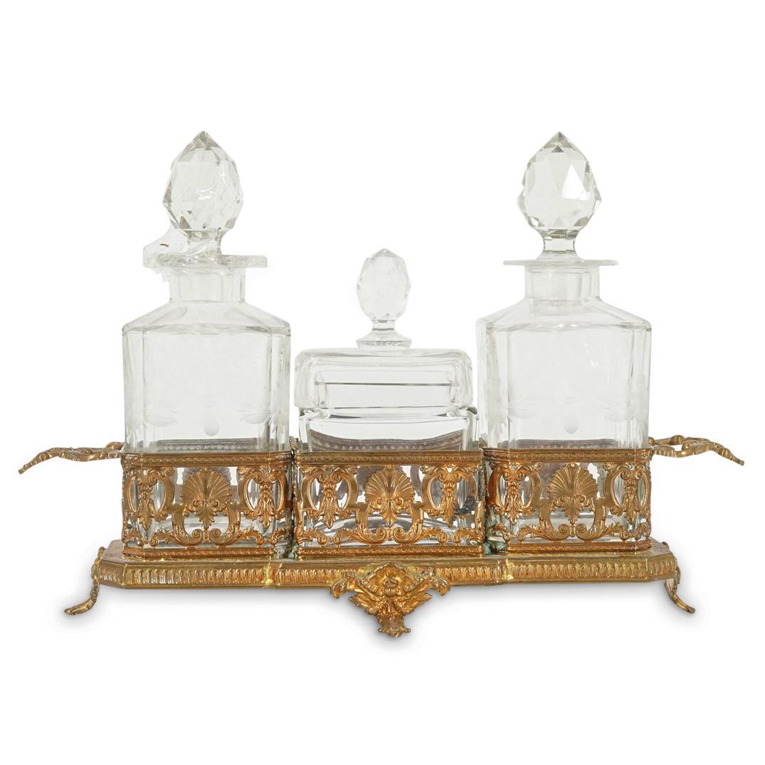 (4 Pc) Antique French Gilt Bronze & Glass Vanity Set. (1 of 8)