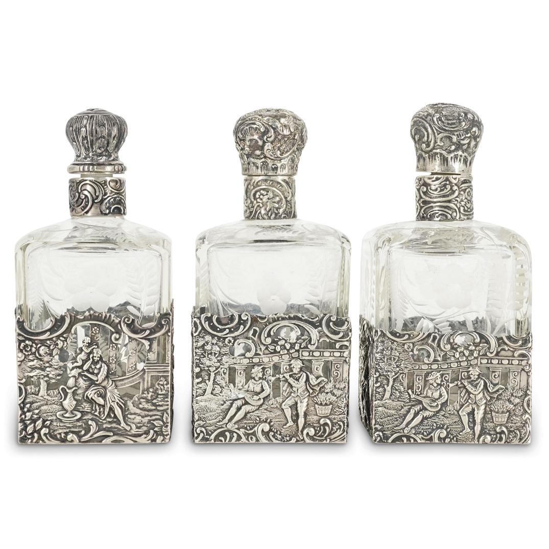 (3 Pc) Antique German Silver & Crystal Perfume Bottles (1 of 11)