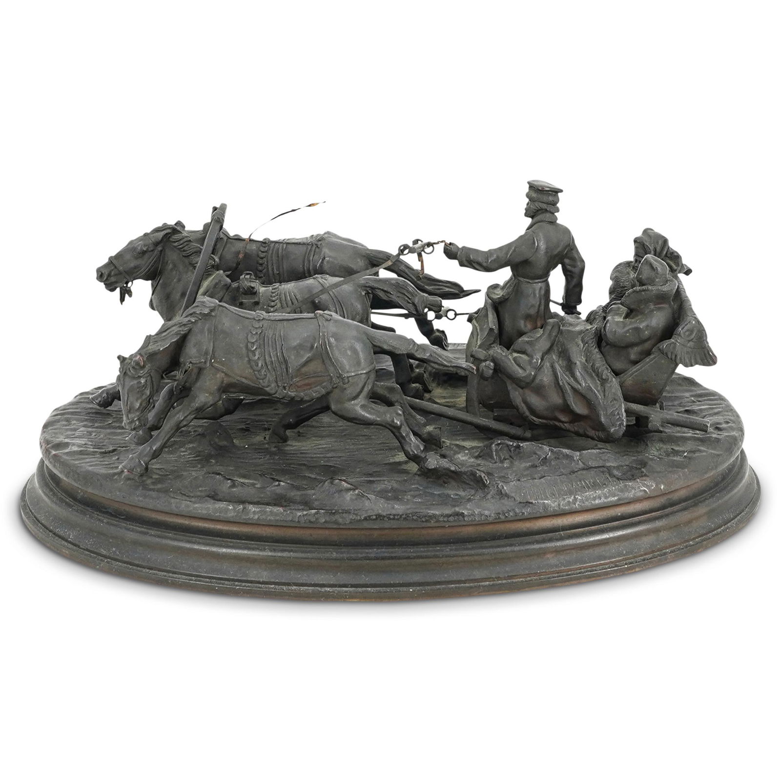 Vasily Grachev (Russian, 1831) "Winter Troika" Bronze: DESCRIPTION: A Vasily Grachev (Russian, 1831-1905) "Winter Troika" bronze sculptural composition depicting a three horse sleigh with three figures. Signed with the artist name "V. Grachev" in Cyrillic