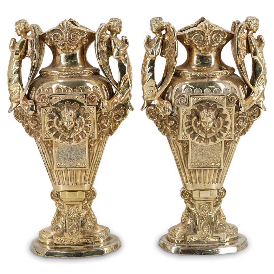 (2 Pc) Silver Bronze Figural Urns (1 of 8)
