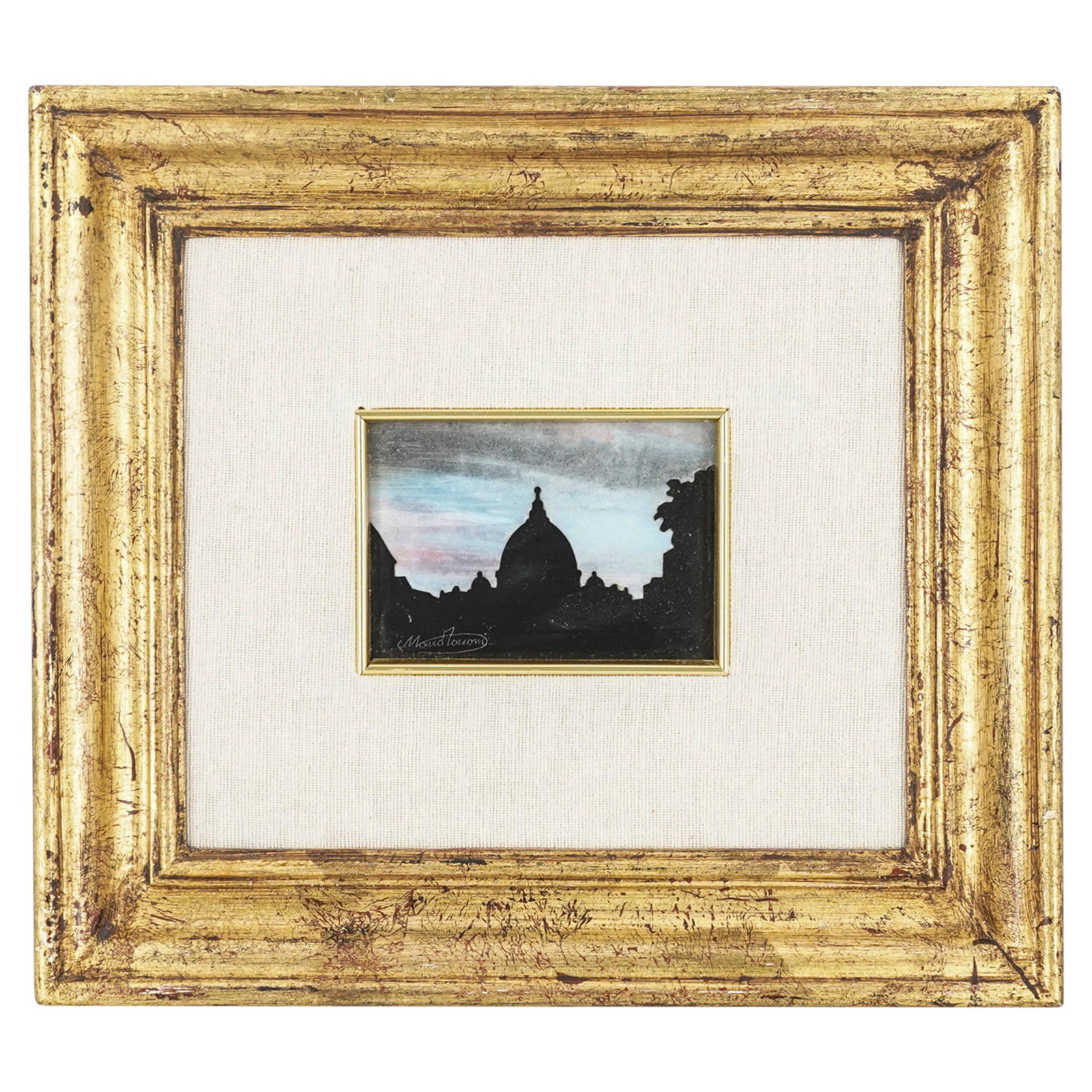 Mauro Tacconi (Italian) Pietra Dura Plaque: DESCRIPTION: Italian Pietra Dura plaque depicting the Cupola di S. Pietro in a dark silhouette with gradient greyish blue toned sky. Signed: "Mauro Tacconi" Mounted in a gilt wood frame, label from "S