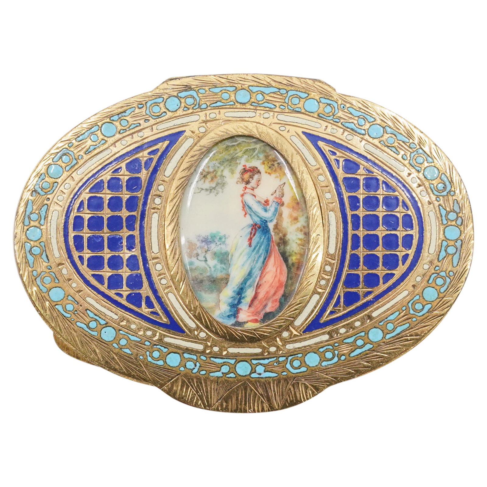 Antique Silver Italian Oval Enamel Compact Case (1 of 4)