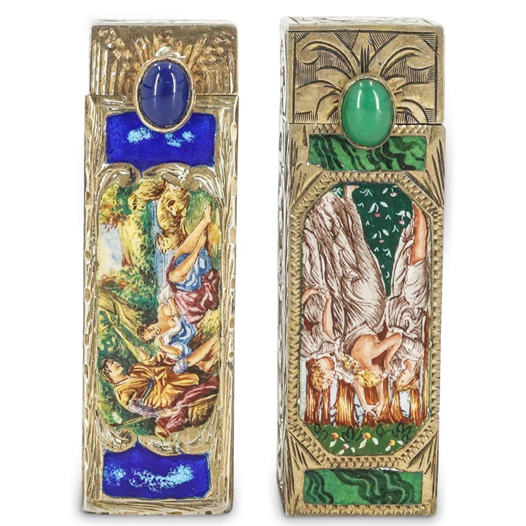 (2 Pc) Antique Italian 800 Silver & Enamel Lipstick (1 of 7)