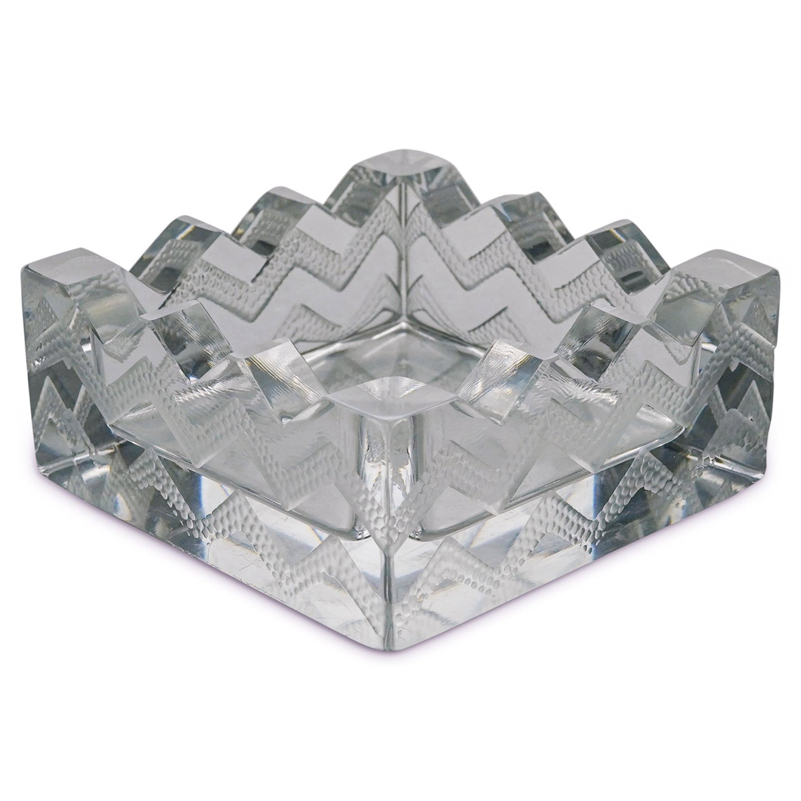 Lalique Crystal "Soudan" Ashtray: DESCRIPTION: Lalique crystal "Soudan" ashtray in an art deco style pattern. Traditionally marked Lalique France on the bottom. CIRCA: 20th Century ORIGIN: France DIMENSIONS: H: 2" W: 4.25" L: 4.25" Ha