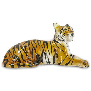 Vintage Italian Ceramic Glazed Tiger Sculpture: DESCRIPTION: An Italian mid century ceramic tiger statue featuring a terracotta foundation with vibrant hand painted naturalistic details, finished in a glossy glaze. Label attached: "Made In Italy" C