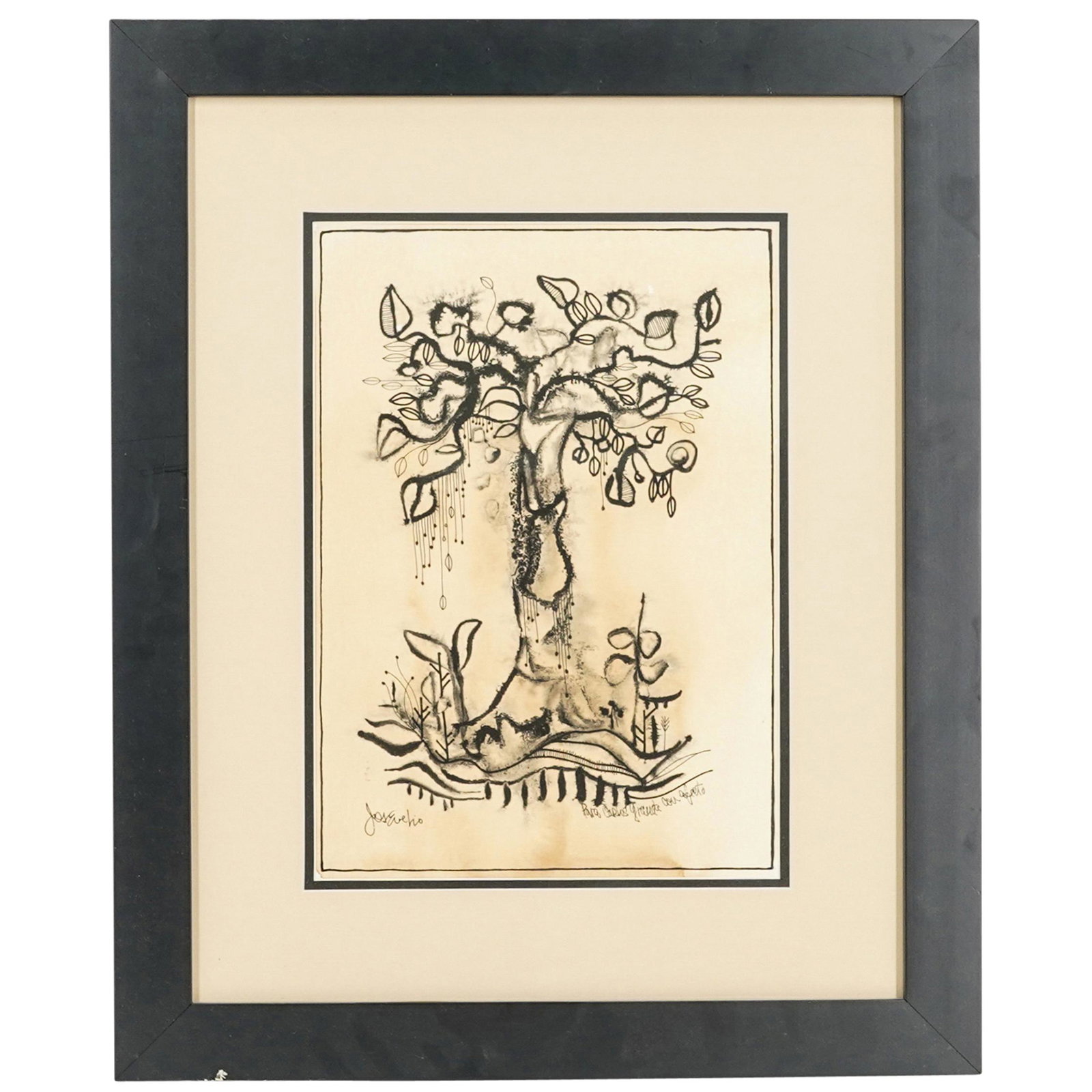 Jose Evelio (Cuban, 20th cent.) Watercolor & Ink On: DESCRIPTION: A Jose Evelio (Cuban, 20th cent.) watercolor & ink on paper painting depicting a tree. Signed on the lower left bottom corner. Framed. CIRCA: 20th Century. ORIGIN: Cuba. DIMENSIONS: H: 21