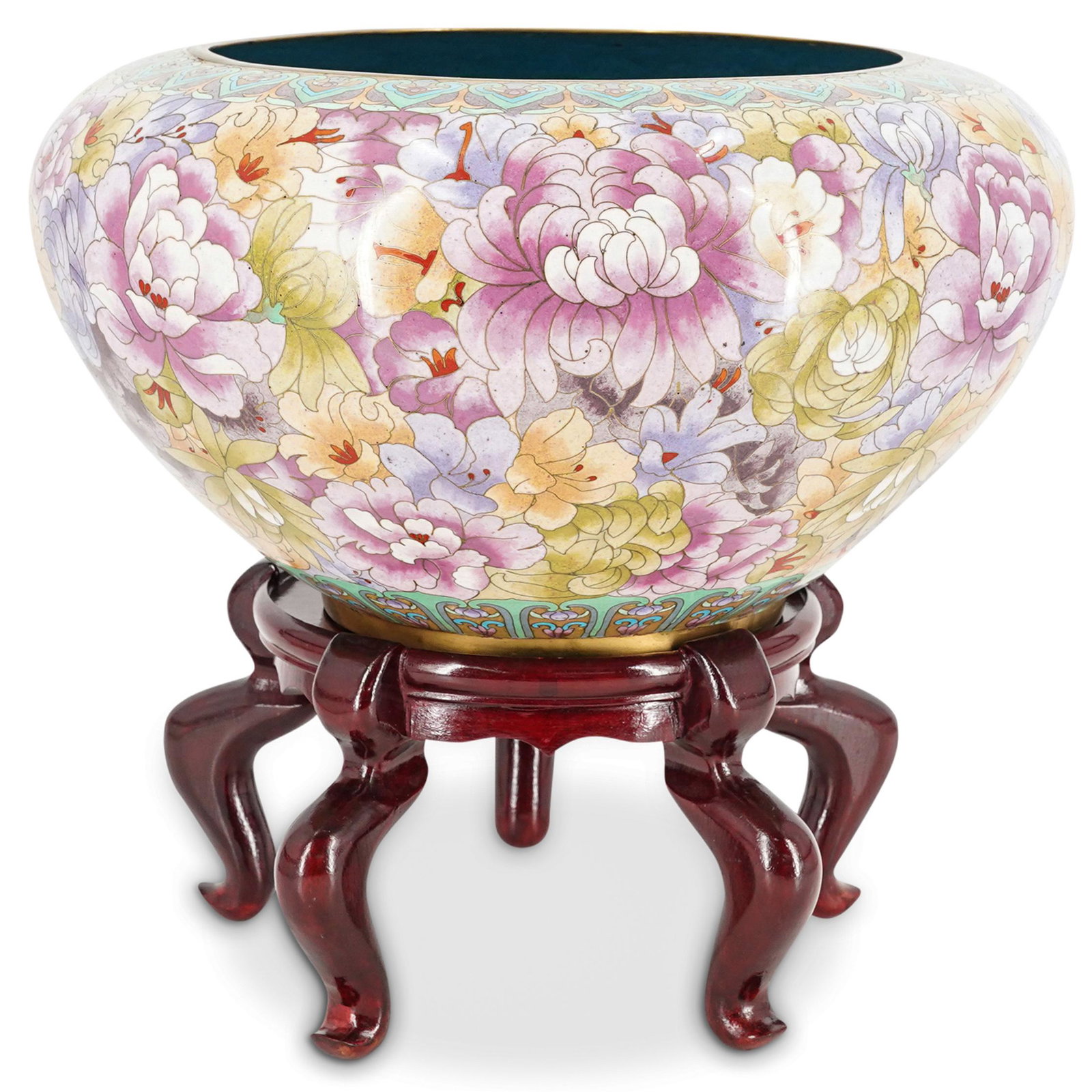Chinese Cloisonne Planter Bowl: DESCRIPTION: A Chinese cloisonne jardiniere planter bowl made of brass with enameled decorations, with floral patterns motif in a combination of yellow, pink and lavender enameled colors on the exteri