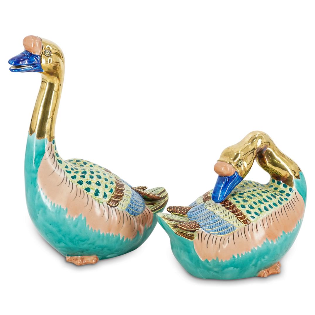 Japanese Andrea by Sadek Duck Porcelain Figurines: DESCRIPTION: (2 Pc) A Pair of Japanese Andrea by Sadek porcelain figurines depicting a duck bird. Each of them painted with a matching palette of colors, including orange, green, and blue colors. Furt