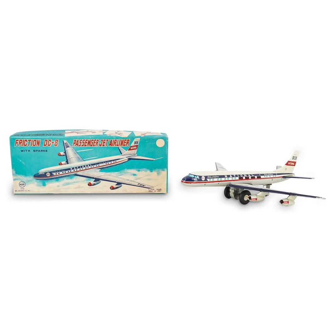 1960S Tin Friction National DC-8 Jet Airliner Linemar: DESCRIPTION: Vintage 1960's Tin, Friction DC-8 Passenger Jet Airliner. National "Airline of the Stars" by Linemar Co Inc. Toys, Japan. LN J-2211. Includes original box. CIRCA: 1960s ORIGIN: Japan DIME