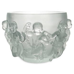 Large Lalique Luxembourg Crystal Bowl: DESCRIPTION: Lalique Luxembourg frosted crystal bowl, features dancing putti in low relief along the outer edge. Marked "Lalique France" along the underside. CIRCA: 20th Century ORIGIN: France DIMENSI