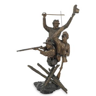 Mark Hopkins (American, 20th ) Sons and Brothers Bronze: DESCRIPTION: Mark Hopkins (American, 20th )"Sons and Brothers" Civil War themed bronze statue depicting three soldiers armed with rifles and swords. Signed at base: Mark Hopkins, numbered: "189/250" D