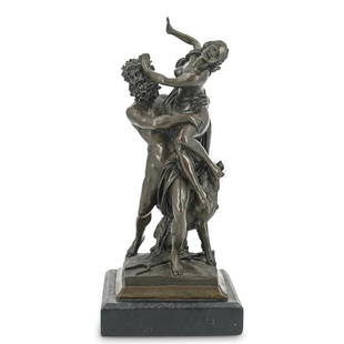 After Gian Lorenzo Bernini "The Abduction of: DESCRIPTION: After Gian Lorenzo Bernini "The Abduction of Proserpina" featuring Pluto with Proserpina and three headed dog, composed of bronze with patinated finish, mounted to a square marble base.