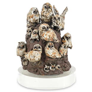 El Sohn Figural Studio Pottery Sculpture: DESCRIPTION: Margit Subak Elsohn studio pottery sculpture featuring a large group of owls atop a nest, designed using Raku techniques, incised: "ELSOHN". Mounted to a lucite display base. CIRCA: 20th