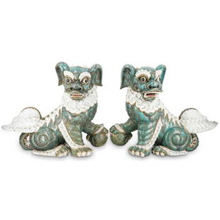 (2 Pc) Chinese Ceramic Green And White Foo Dogs: DESCRIPTION: Pair of matching ceramic guardian lions ("foo dogs") featuring green bodies with white fur accents. One holds an embroidered ball under its left forepaw, the other an embroidered ball und