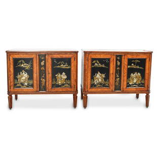 (2 Pc) Antique Chinoiserie Wooden Cupboards: DESCRIPTION: Pair of wooden marquetry cupboards, each decorated with marquetry and with painted, raised images on and between its doors depicting people riding qilin, people interacting with each othe