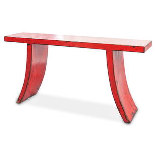 Vintage Chinese Red Lacquered Table: DESCRIPTION: A vintage Chinese red lacquered wood table with Character symbol form and rectangular table top. CIRCA: 20th Cent. ORIGIN: China DIMENSIONS: H: 31" x W: 15" x L: 63" CONDITION: Great cond