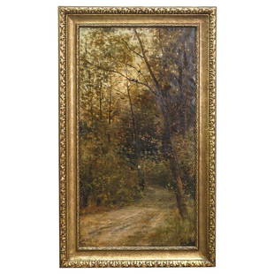 Theophile De Bock (Netherlands 1851-1904) Oil on Canvas: DESCRIPTION: Theophile De Bock (Netherlands 1851-1904) Oil on canvas painting depicting a lush forest landscape, signed lower right: "Th De Bock" mounted in an ornate gilt wood frame. Label at verso w