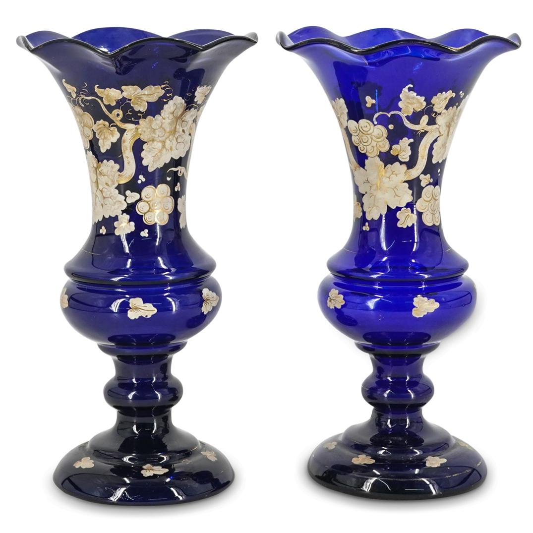 (2 Pc) 19th Cent. Bohemian Cobalt Blue Glass Vases (1 of 8)
