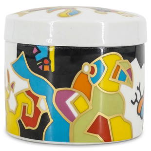 Otmar Alt Wiinblad Rosenthal Porcelain Box: DESCRIPTION: A Rosenthal porcelain box decorated by Otmar Alt wiinblad depicts colorful abstract figures with gilt outlines, marked along the underside 'Rosenthal" and signed "Otmar alt". CIRCA: 20t C