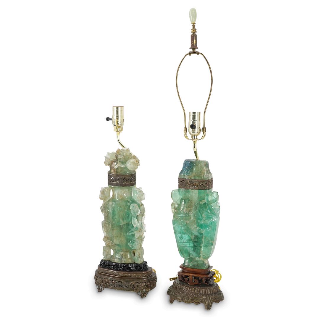 (2 Pc) Chinese Carved Green Quartz Lamps (1 of 10)