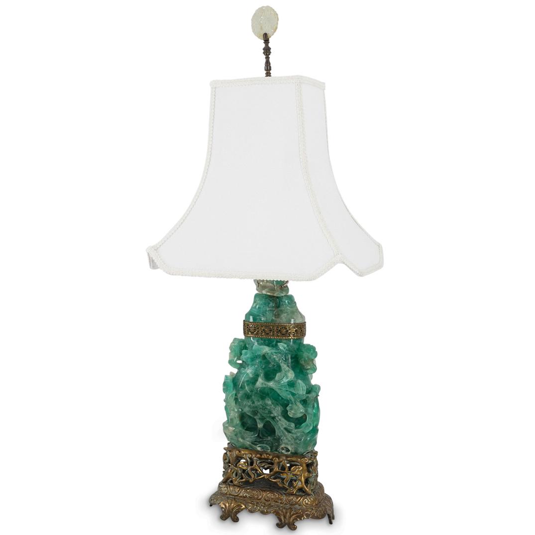 Chinese Carved Green Quartz Lamp
