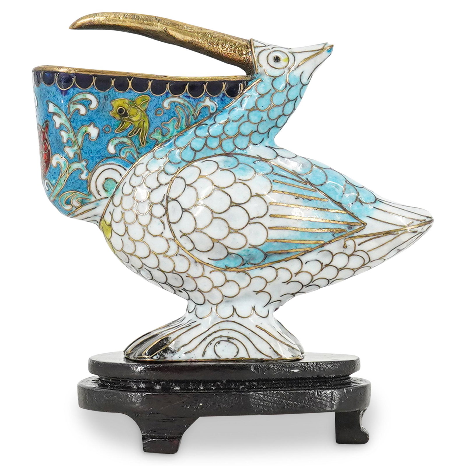Chinese Cloisonne Enamel Pelican: DESCRIPTION: A chinese cloisonne enamel figurine designed with a pelican bird figural shape and decorated with blue and white enamels. Further accentuated with underwater fish motifs on the exterior s