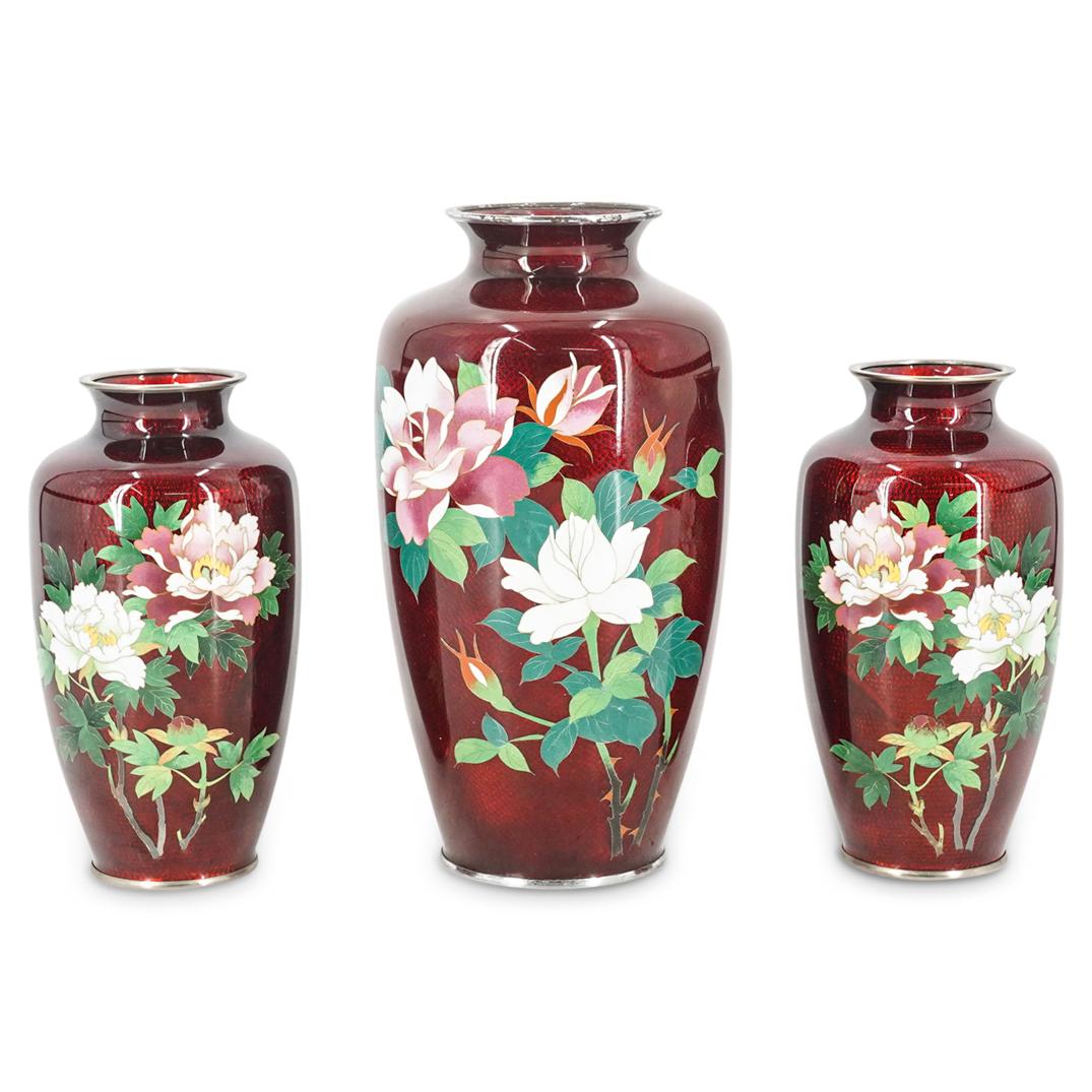 (3 Pc) Japanese Ginbari Akasuke Cloisonne Enamel Vases (1 of 11)
