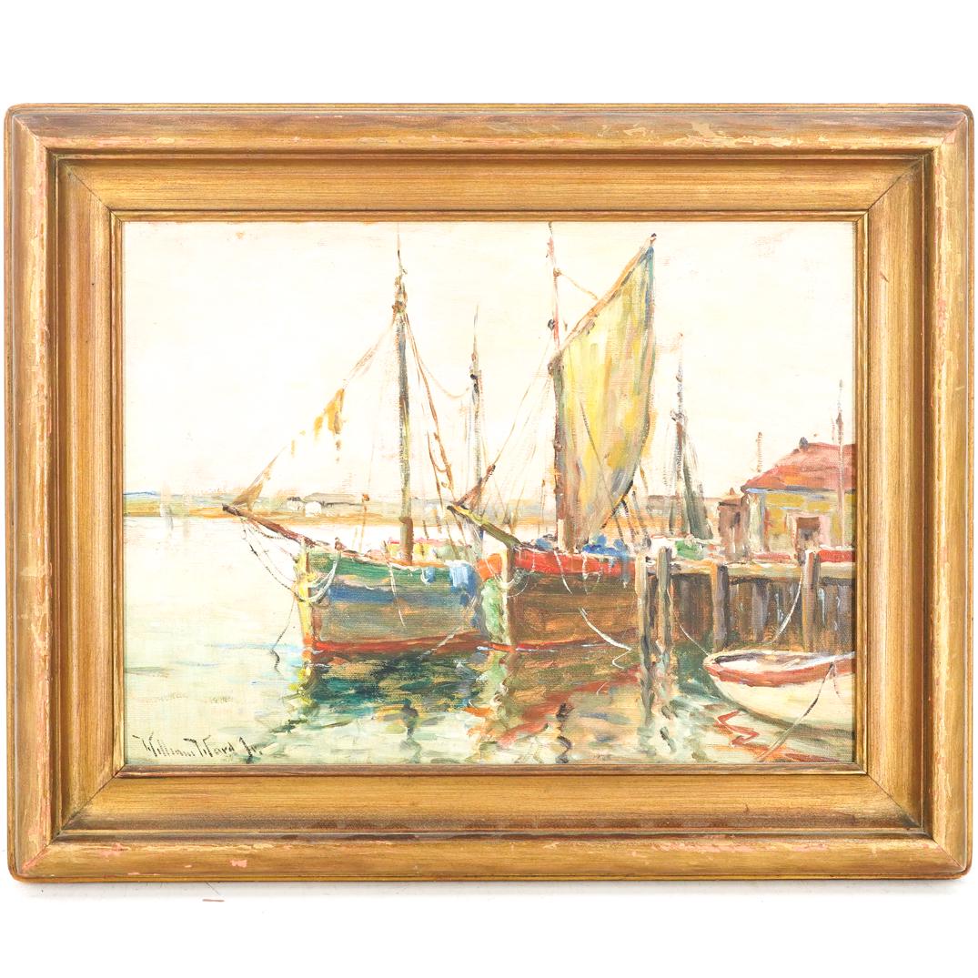 William Ward Jr. (1911-2001) Nautical Oil On Board: DESCRIPTION: Framed oil on board painting by William Ward Jr. depicting boats docked at a pier. Signed at bottom left. Writing on back of board in pencil: "#3561 A Normandy Wharf". Writing on back of